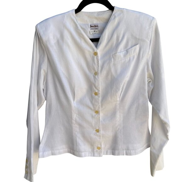 Neiman Marcus Vintage Womens French Cotton V Neck Cropped Peplum Hem Blouse 10 - Picture 1 of 10